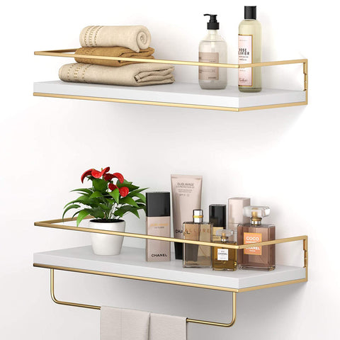 White & Gold Floating Shelves Wall Mounted Set of 2, Hanging Wall shelves for Bedroom, Kitchen, Bathroom, Living Room, Home Office, Storage Organiser.