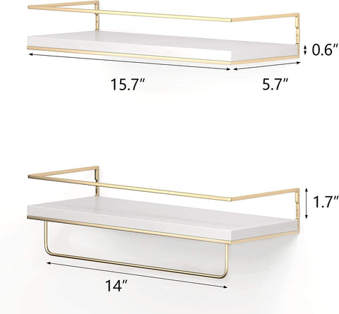 White & Gold Floating Shelves Wall Mounted Set of 2, Hanging Wall shelves for Bedroom, Kitchen, Bathroom, Living Room, Home Office, Storage Organiser.