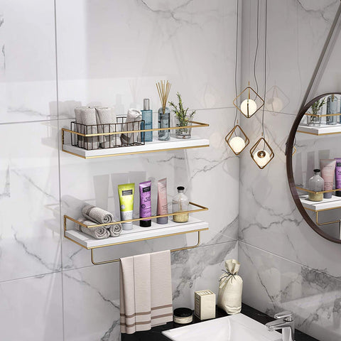 White & Gold Floating Shelves Wall Mounted Set of 2, Hanging Wall shelves for Bedroom, Kitchen, Bathroom, Living Room, Home Office, Storage Organiser.