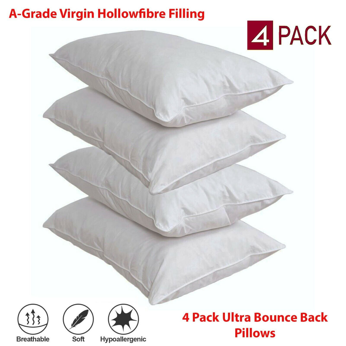 FOUR PACK DELUXE SUPER ULTRA BOUNCE BACK JUMBO PILLOWS - 4 BEDDING SET, 2 PAIRS
