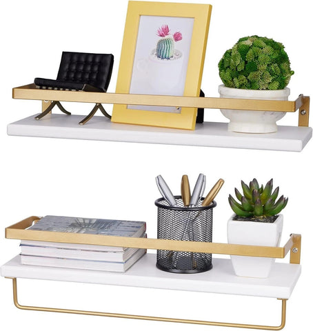 Multipurpose 2 x White & Gold Floating Shelves Wall Mounted With Detachable Rack