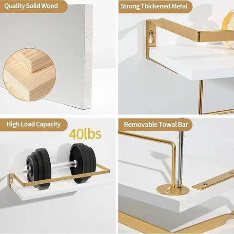 Multipurpose 2 x White & Gold Floating Shelves Wall Mounted With Detachable Rack