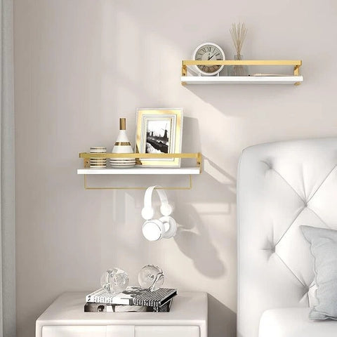 Multipurpose 2 x White & Gold Floating Shelves Wall Mounted With Detachable Rack