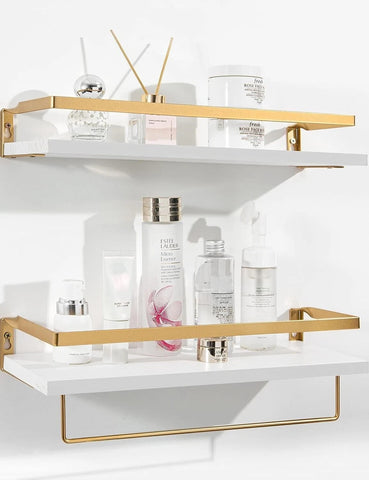 Multipurpose 2 x White & Gold Floating Shelves Wall Mounted With Detachable Rack
