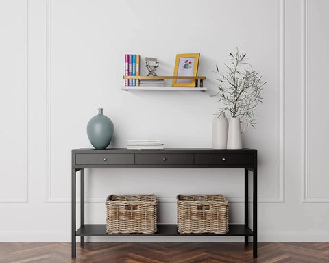 Multipurpose 2 x White & Gold Floating Shelves Wall Mounted With Detachable Rack
