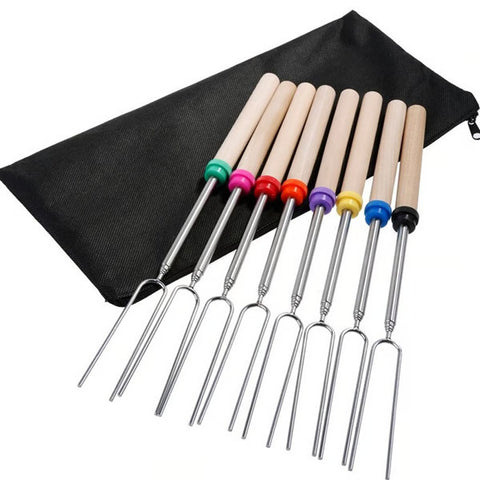 Extendable Stainless Steel Marshmallow Roasting Sticks With Wooden Handle, 8 Pcs